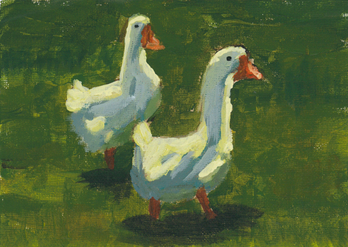 Two Geese on Grass, 5x7 Inch Original