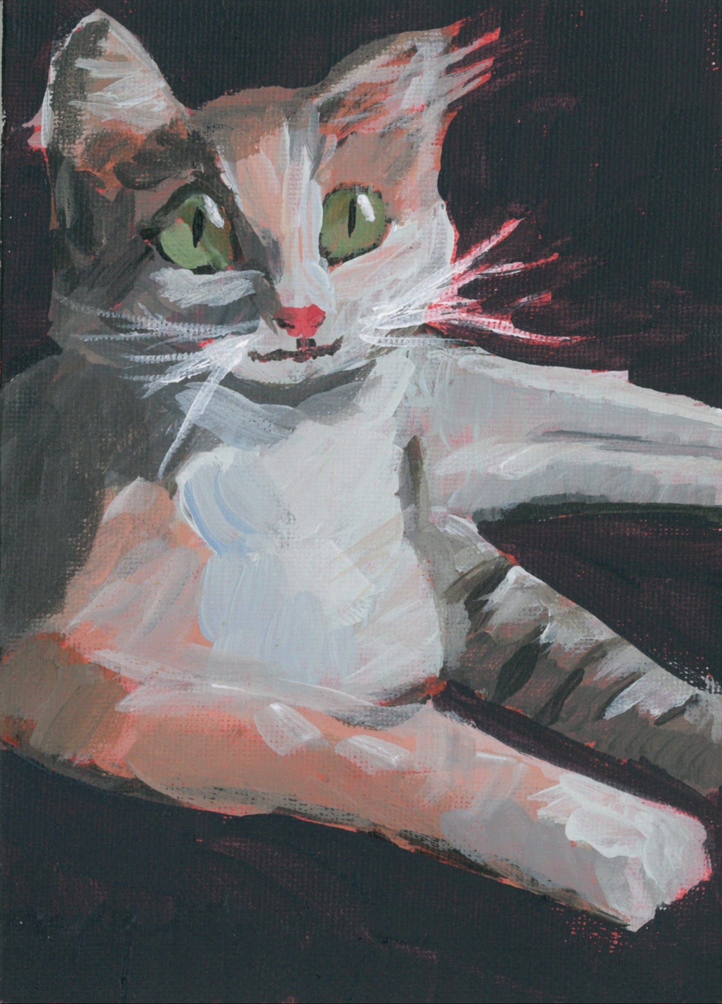 A painted portrait of a cat with green eyes, white and gray fur, and pinkish tones, set against a dark background.