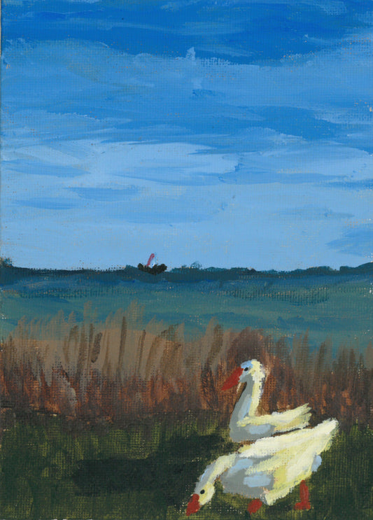 An acrylic painting on canvas depicting two white geese in a grassy field under a blue sky.