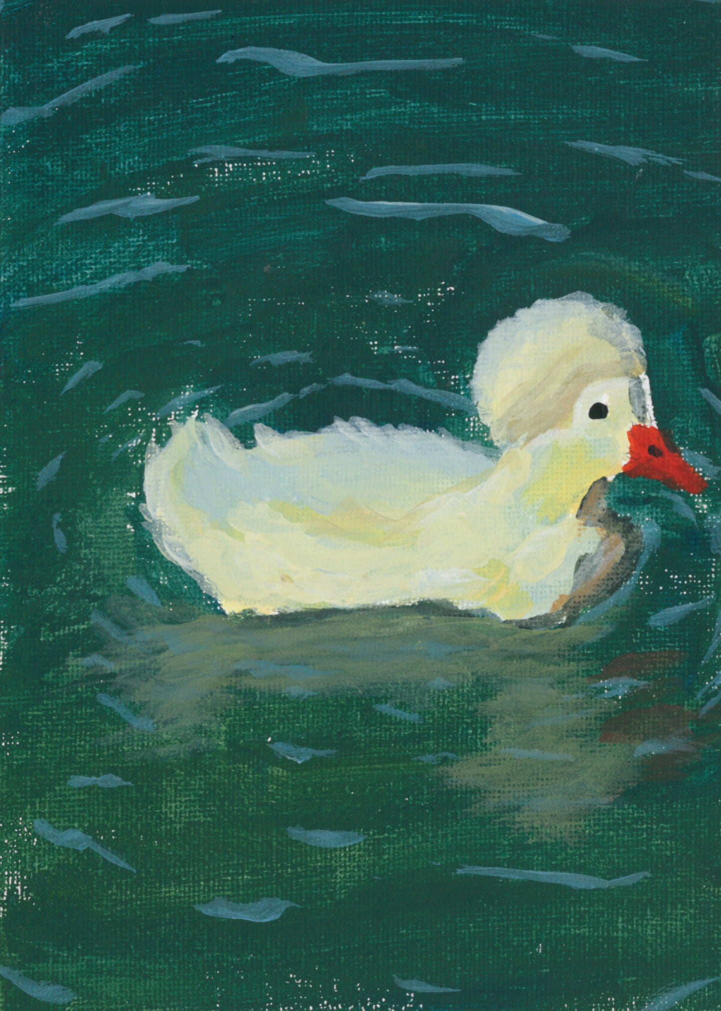 A square canvas painting featuring a white duck with a red beak swimming in dark green water.